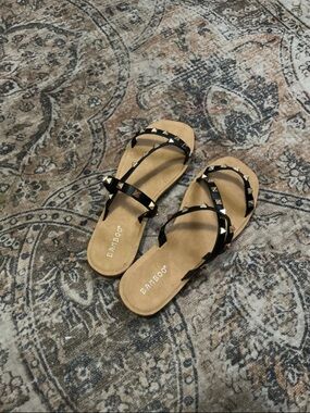 BAMBOO Black Studded Triple-Strap Slide Sandals